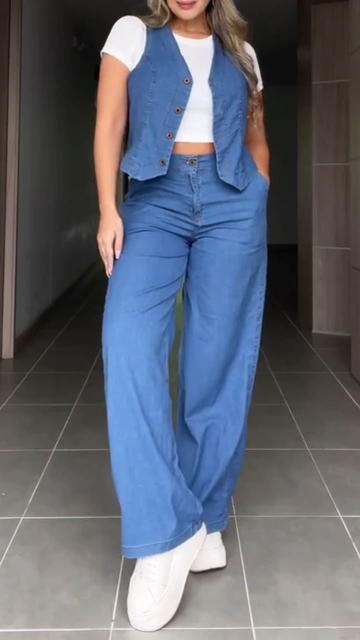 Sleeveless Button-down Denim Casual Suit