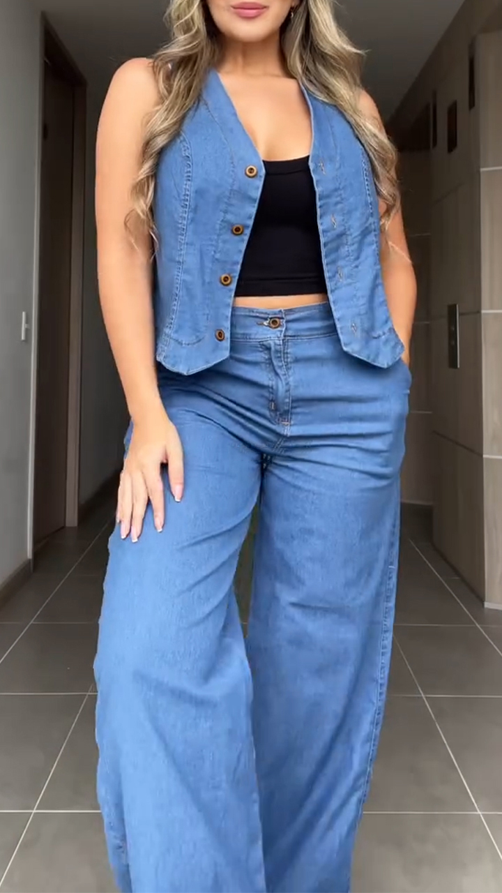 Sleeveless Button-down Denim Casual Suit