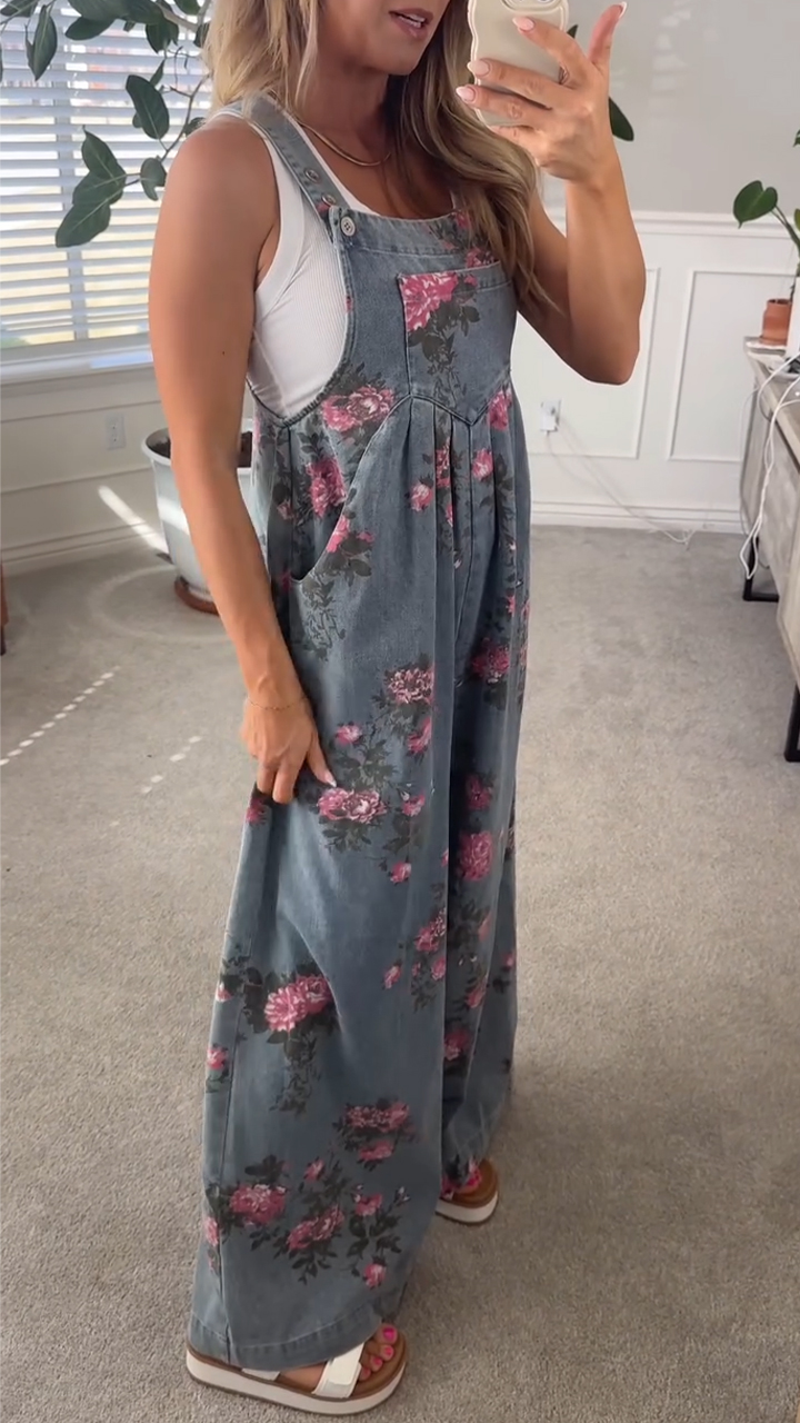 Printed Pocket Casual Denim Overalls