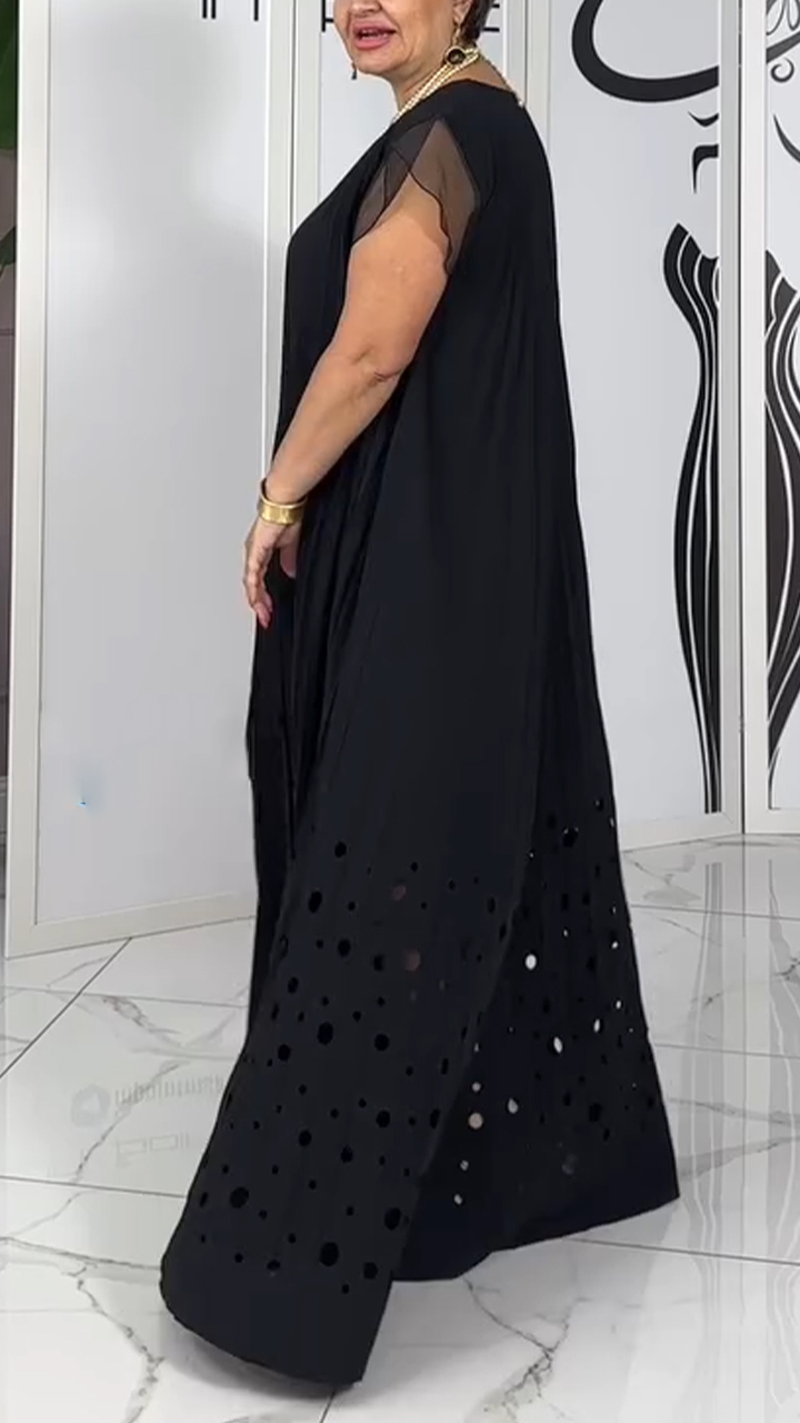 Women V-neck Spliced ​​polka Dot Hollow Solid Color Casual Dress