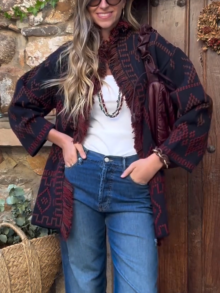 Women Printed Spliced ​​tassel Knitted Casual Cardigan