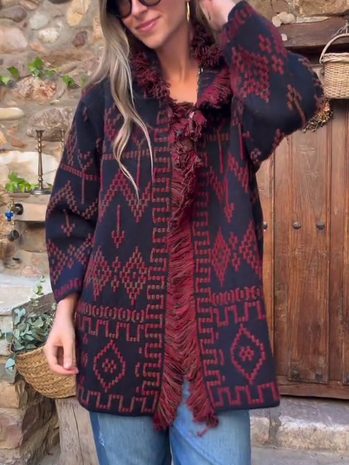Women Printed Spliced ​​tassel Knitted Casual Cardigan