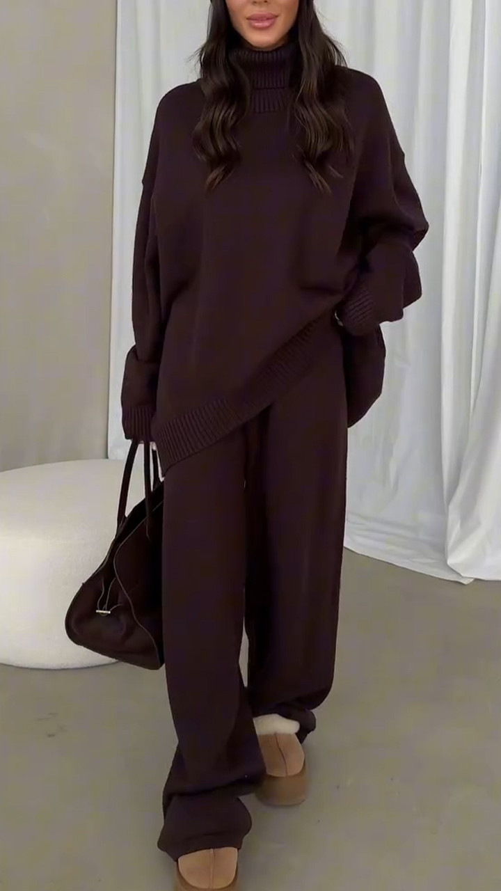 Women High-neck Knitted Solid Color Casual Suit