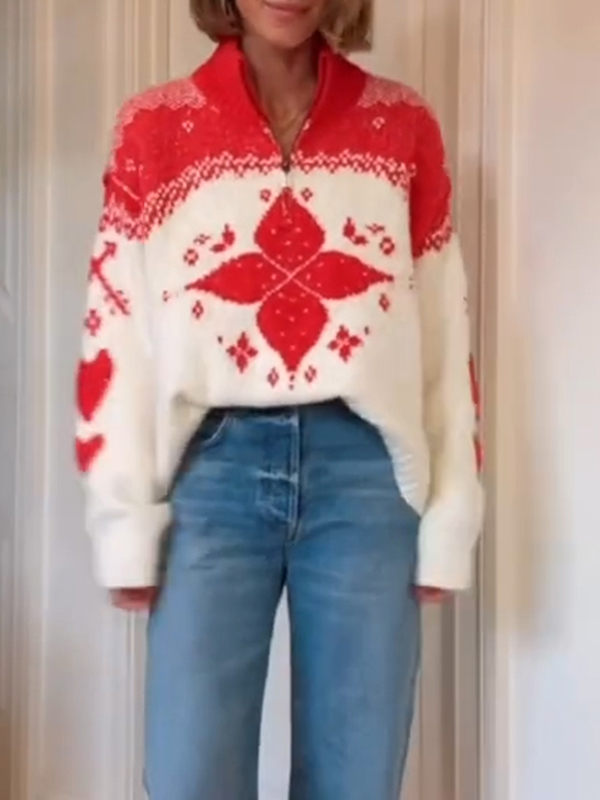 Womens Round Neck Half Zipper Printed Casual Sweater