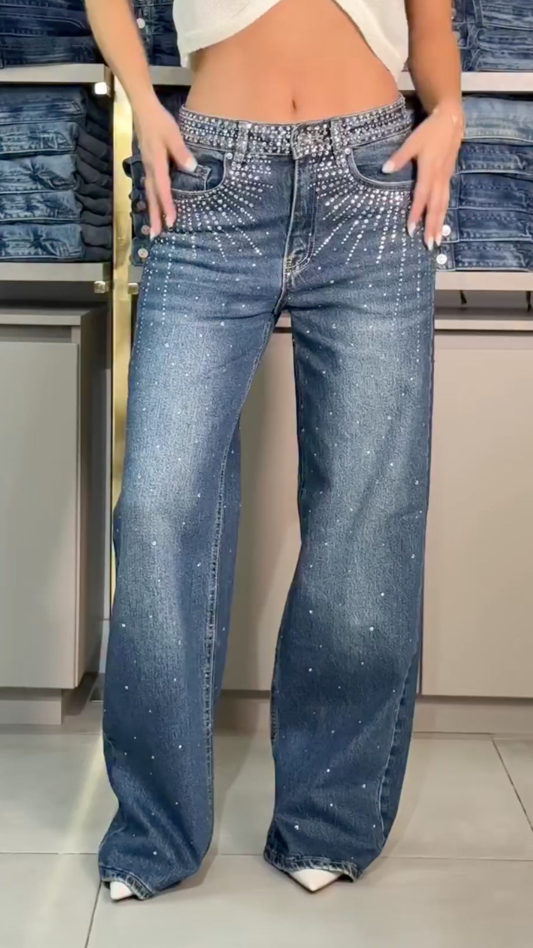 Women's Rhinestone Denim Casual Pants