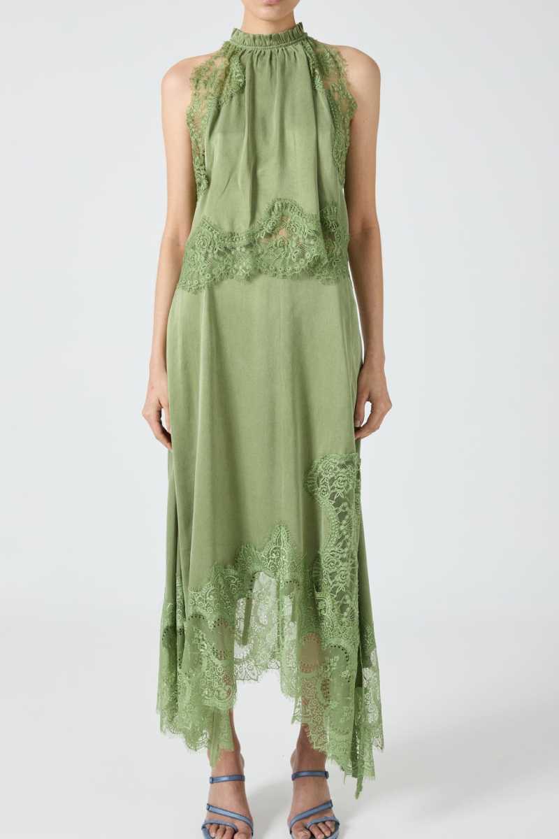 Lace Trim Midi Skirt Set with Sleeveless Halter Neck Top