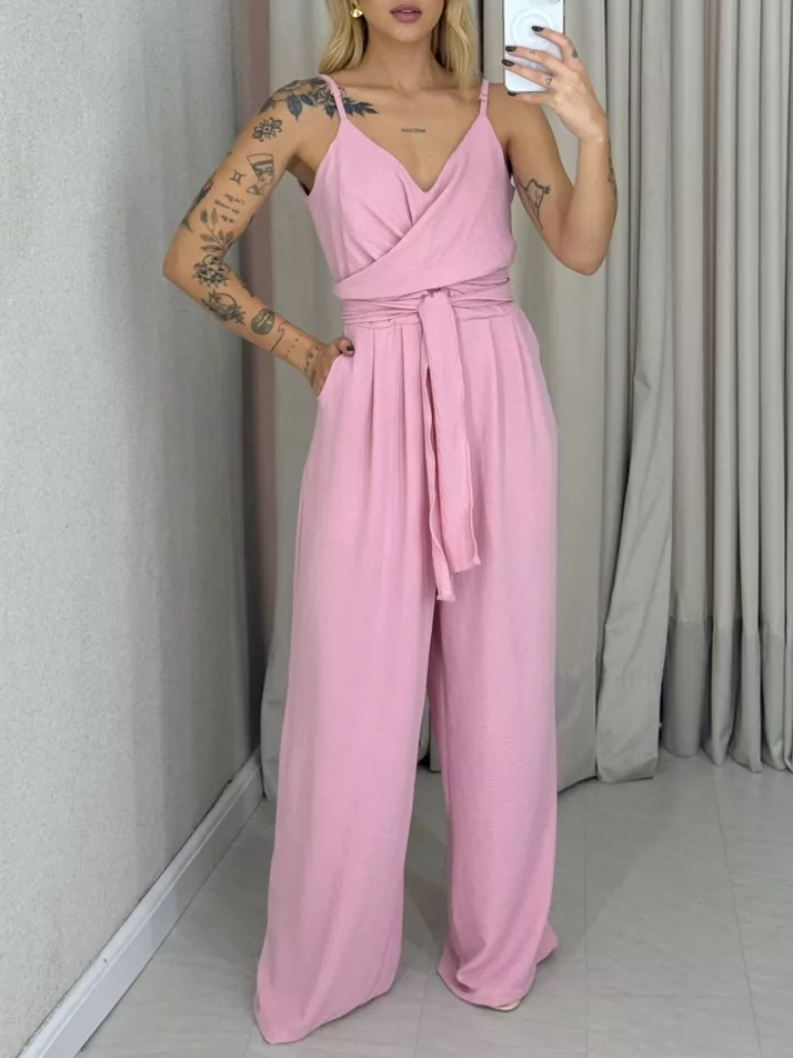 V-Neck Chic and Comfortable Strappy Wrap Tie Jumpsuit