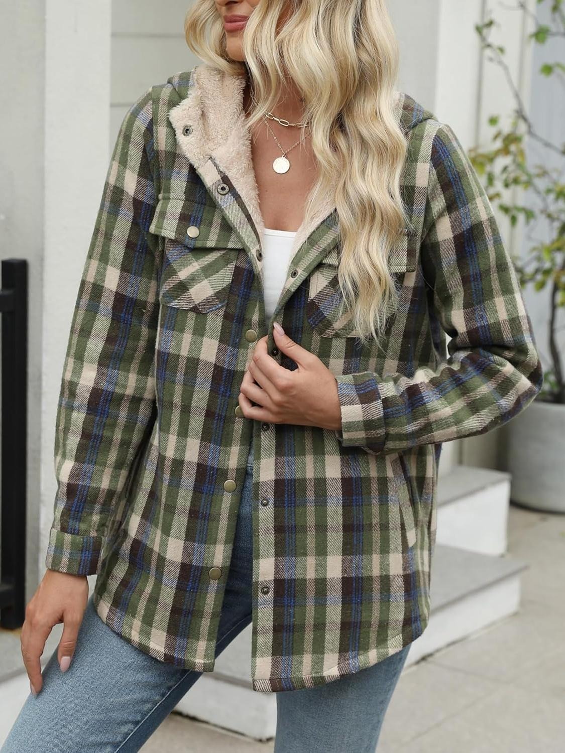 Plaid Long Sleeve Button Fleece Hooded Jacket With Pockets