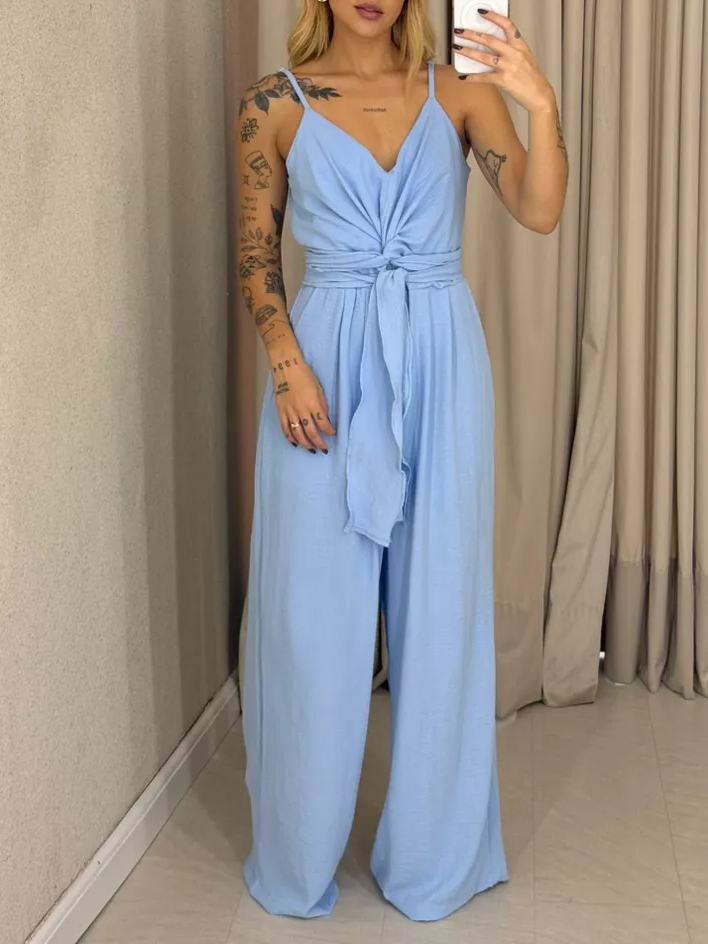 V-Neck Chic and Comfortable Strappy Wrap Tie Jumpsuit