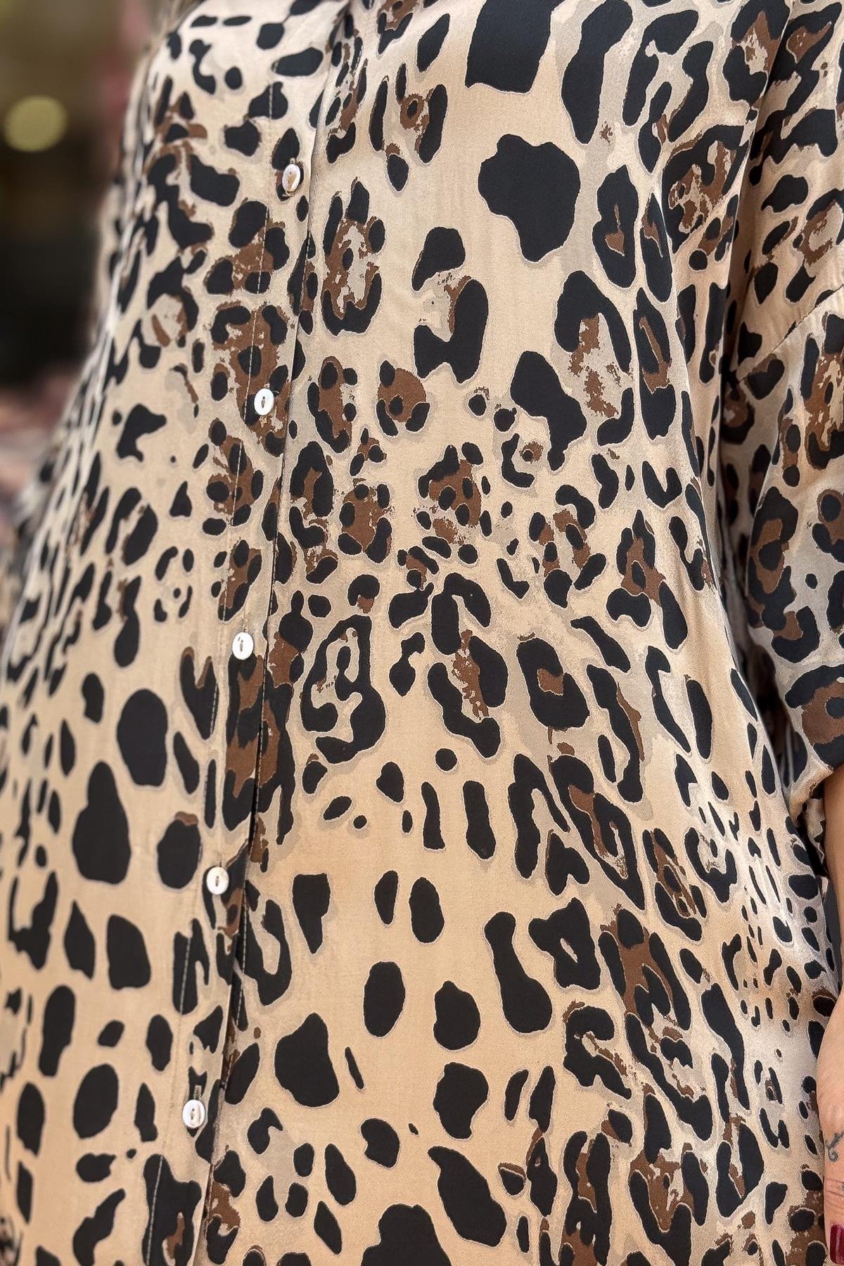 Leopard Print Satin Shirt Dress