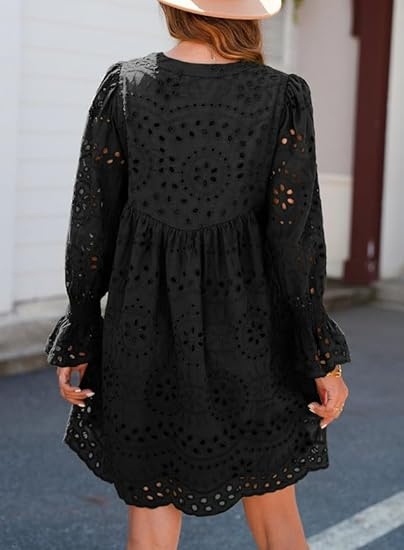 Tassel V Neck Long Sleeve A Line Hollow Out Lace Ruffle Dresses