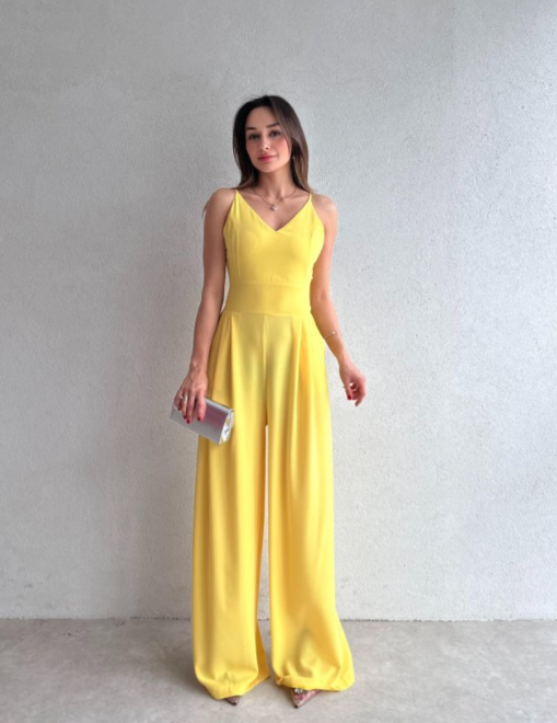 Elegant solid color suspender backless wide-leg jumpsuit
