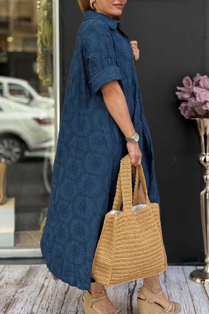 Embossed Floral Detailed Full Length Cotton Shirt Dress