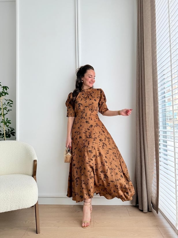 Lantern Sleeve Lace-up Satin Dress