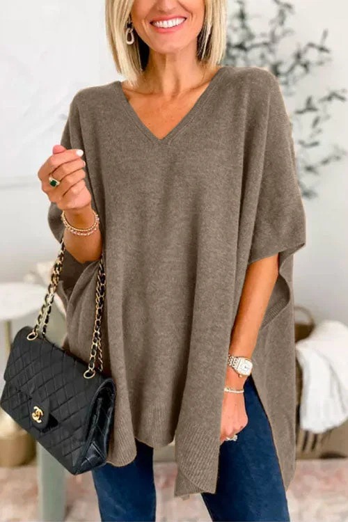🌈V Neck Loose Fit Solid Poncho Sweater
