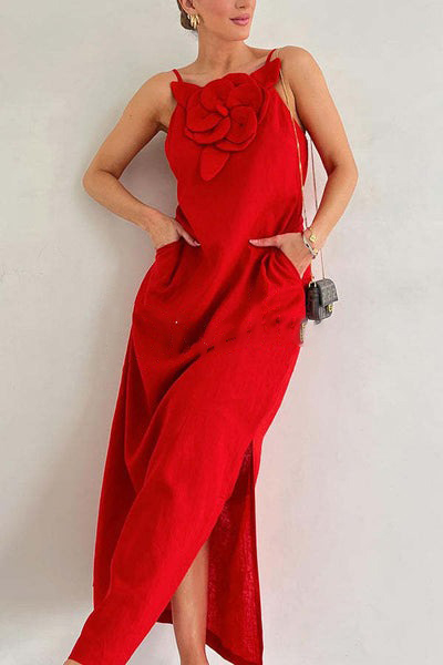 Linen Blend Floral Embellishment Pocketed Slit Maxi Dress
