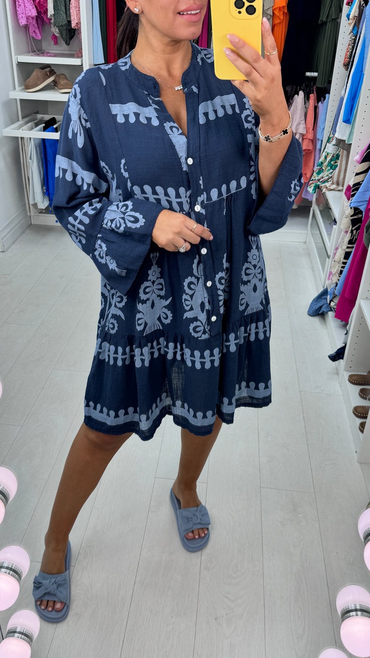 Printed Linen Smock Dress