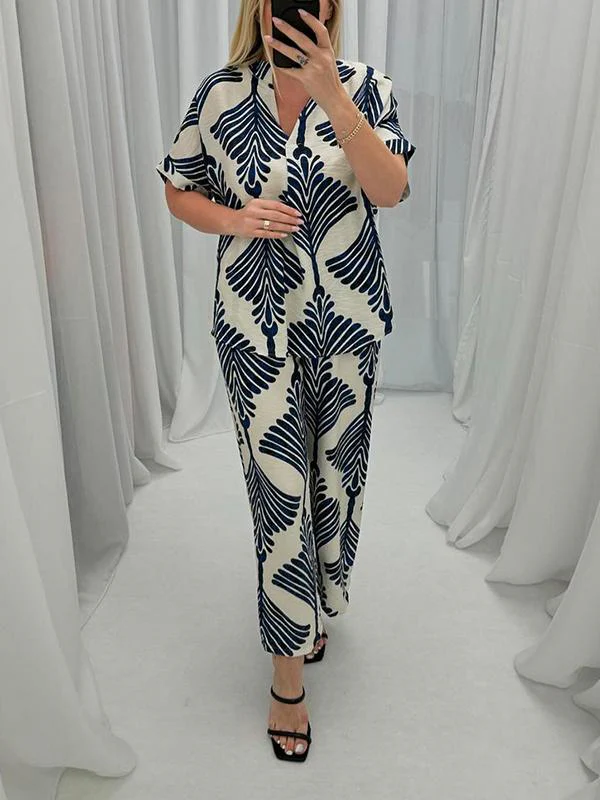 Casual V-neck Printed Two-piece Suit