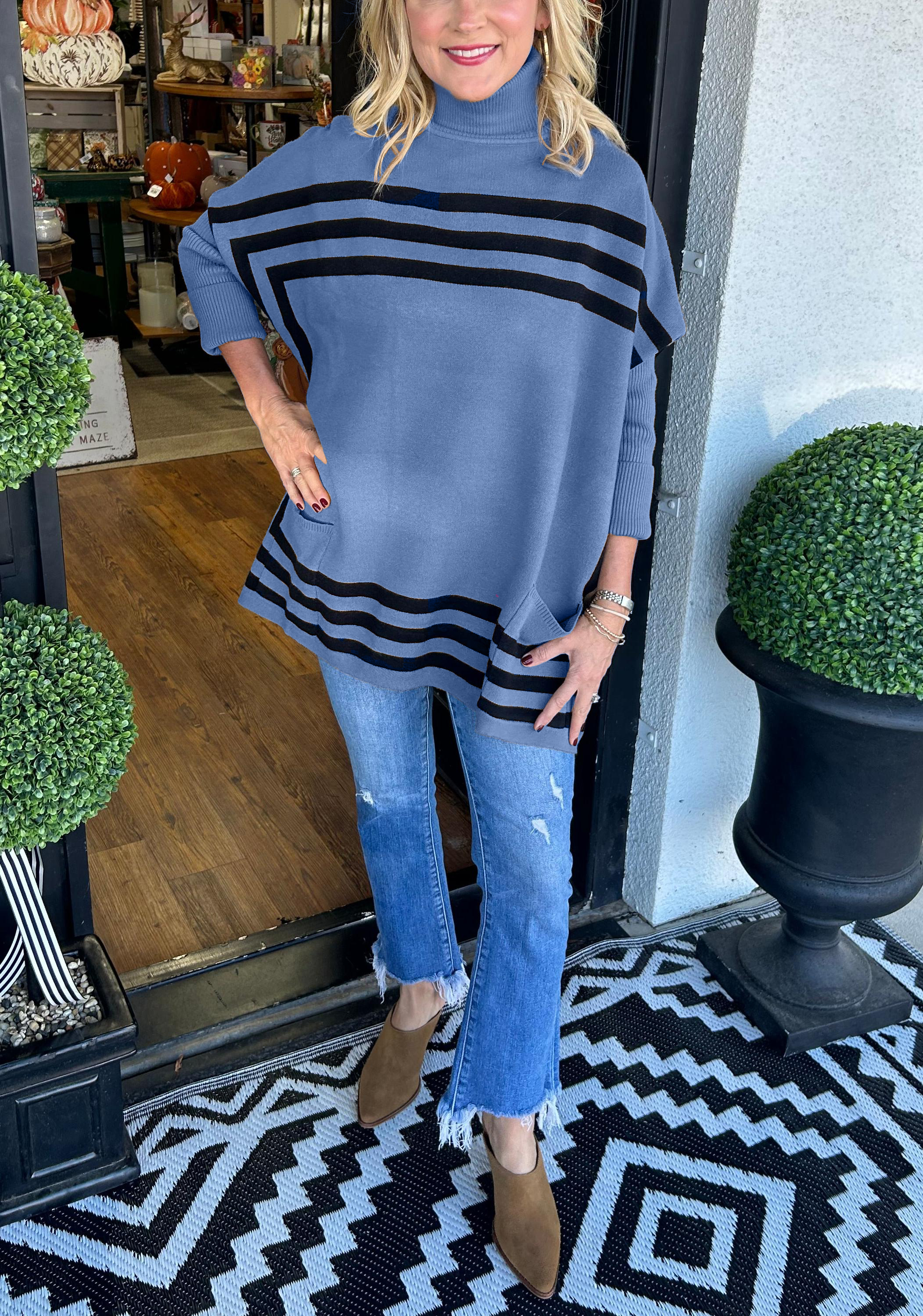 Turtleneck bat sleeve striped sweater (Buy 2 Free Shipping)