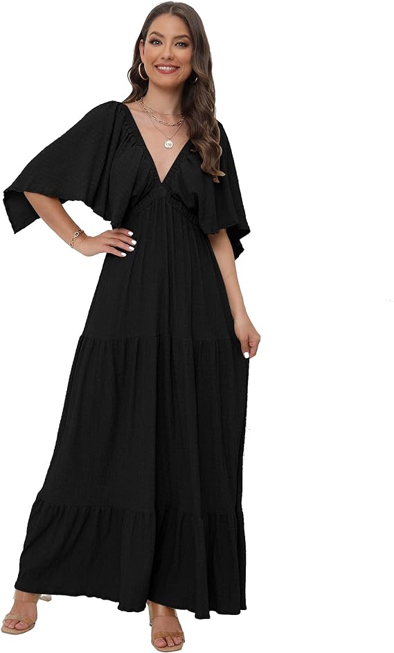 Tiered Silhouette with Flutter Sleeves Maxi Dress