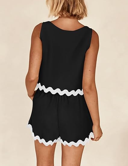  2 Piece Beach Vacation Cropped Tank Top High Waist Shorts Set