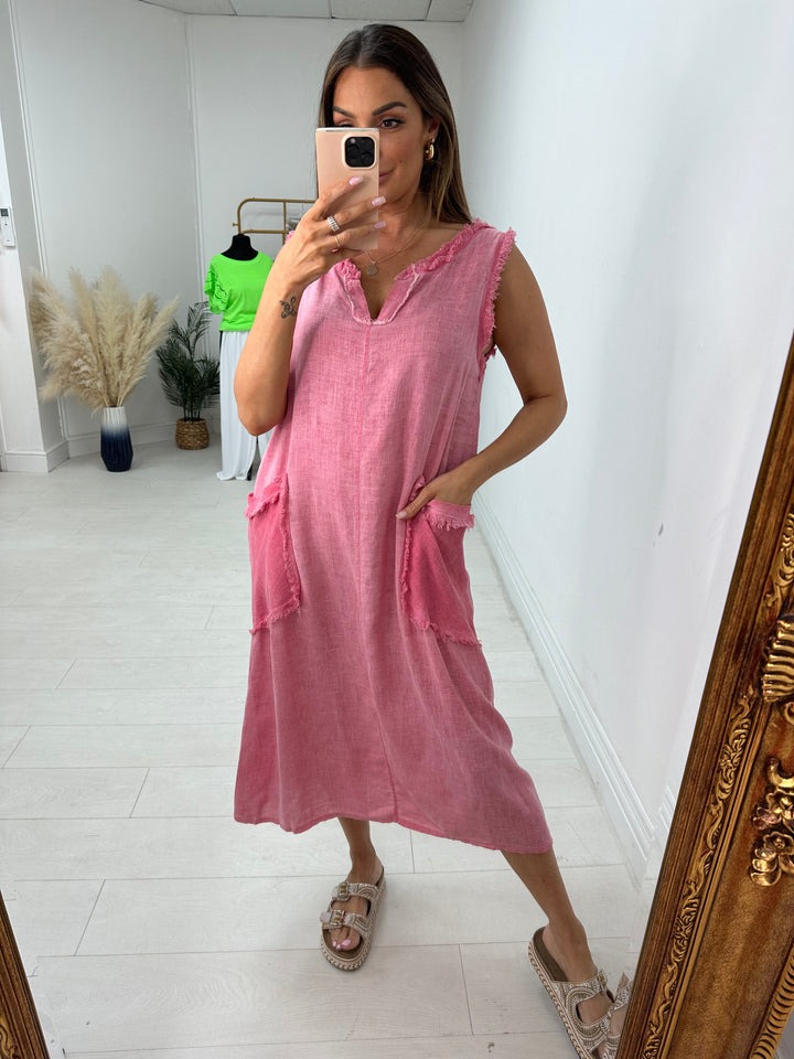 Plain Frayed Linen Pocket Dress