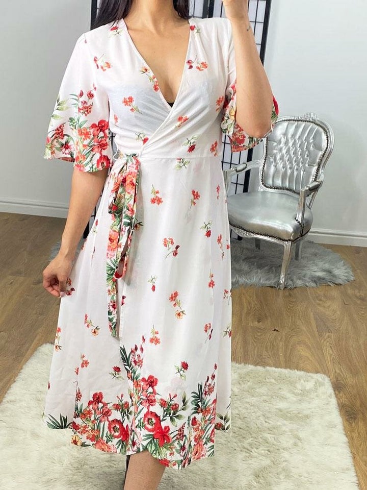 White Floral Dipped Hem Wrap Summer Dress