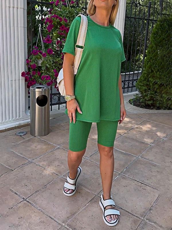 Solid Color Stretch Knit Top and Shorts Two-piece Set