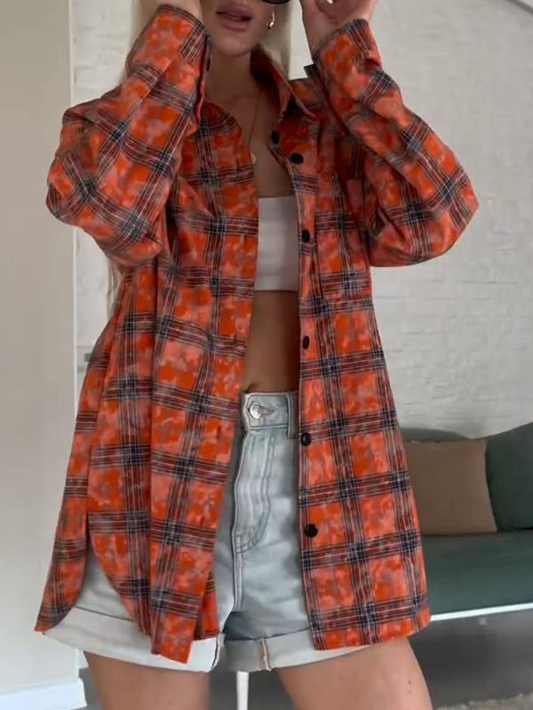 Lapel Single Breasted Plaid Shirt
