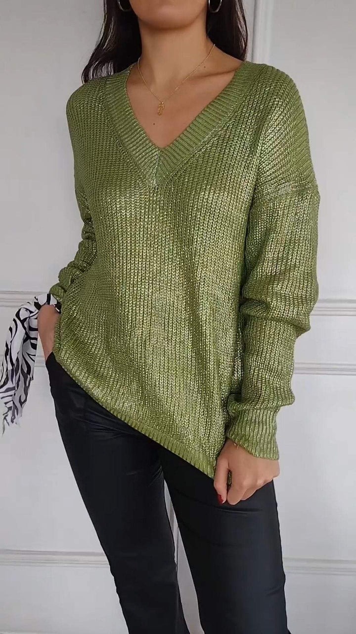 Women's V-neck Long Sleeve Top With Gold Stamping