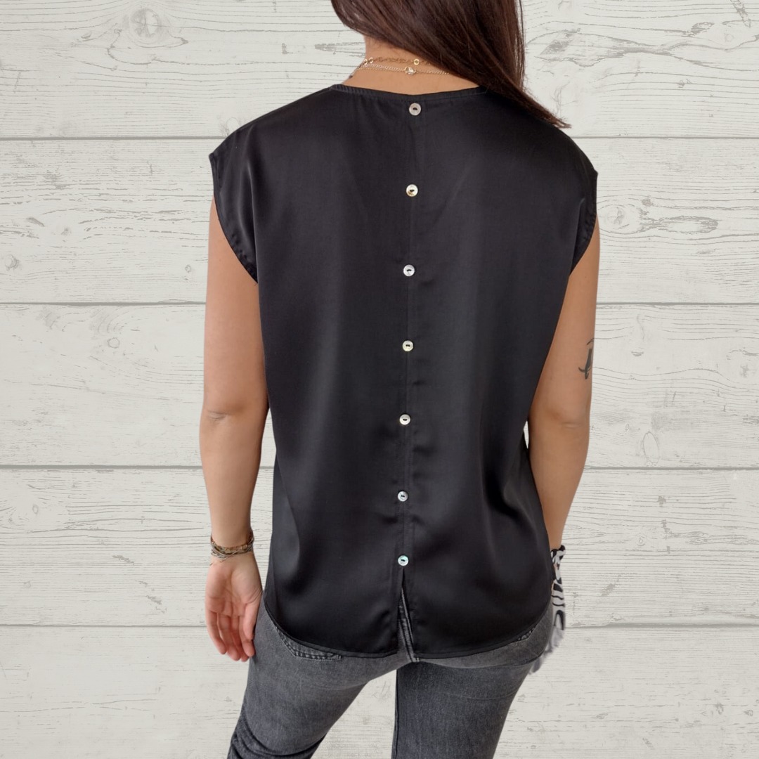 V-Neck Short Sleeve Back Button Blouse