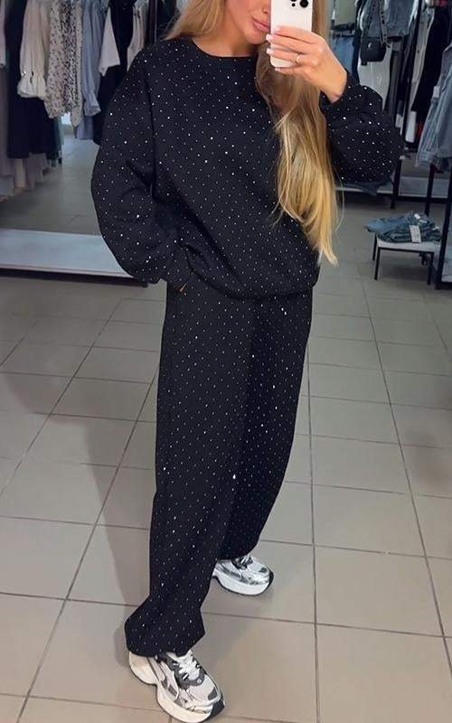 Casual Round Neck Diamond Sweatershirt Suit
