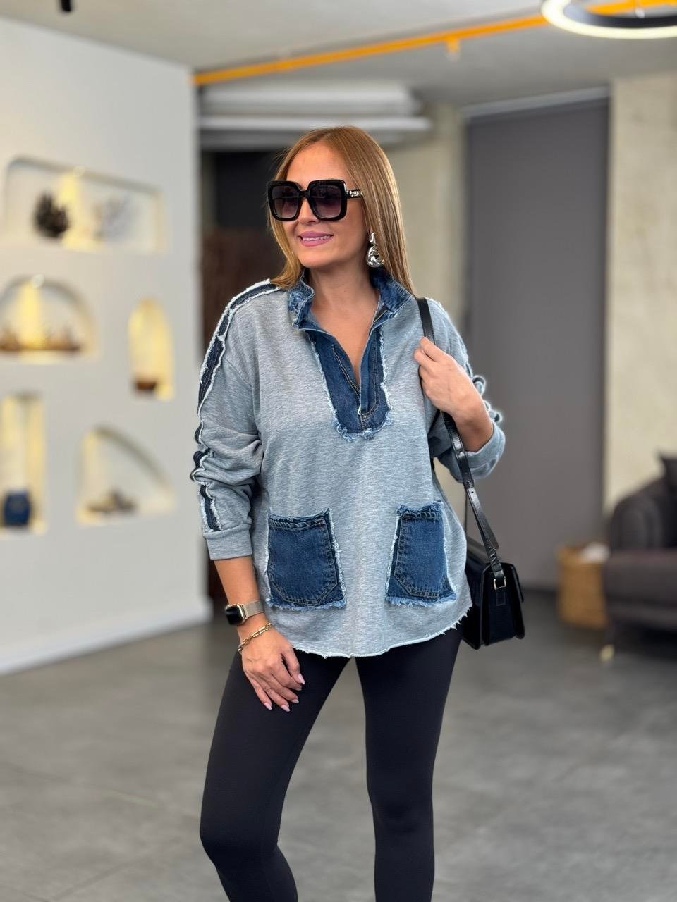 Patchwork Zipper Denim Sweatershirt