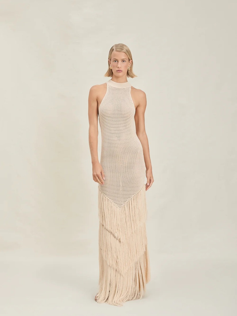 Hollow Out Layered Tassle Hem Maxi Dress