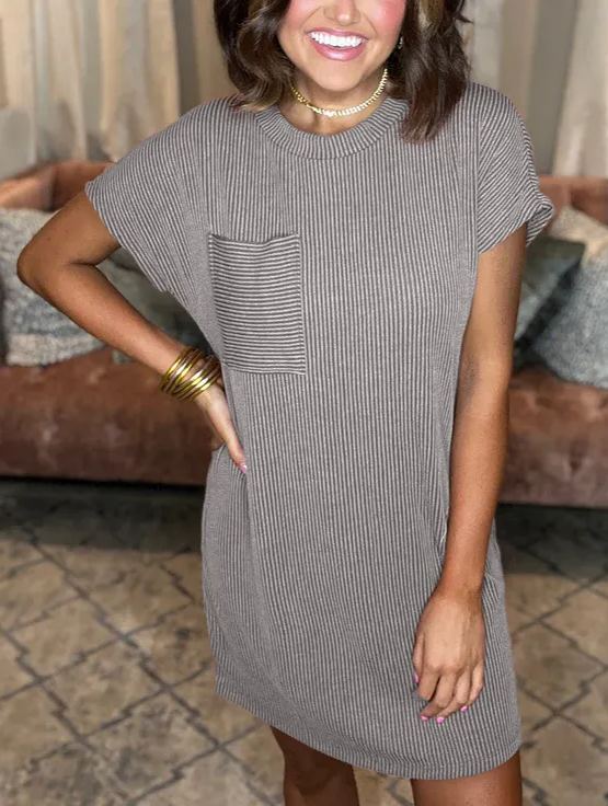 2024 NEW RIBBED ROUND NECK POCKET DRESS