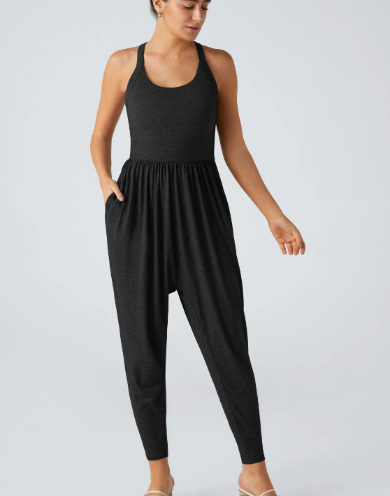 Backless twisted U-neck side pocket harem casual jumpsuit