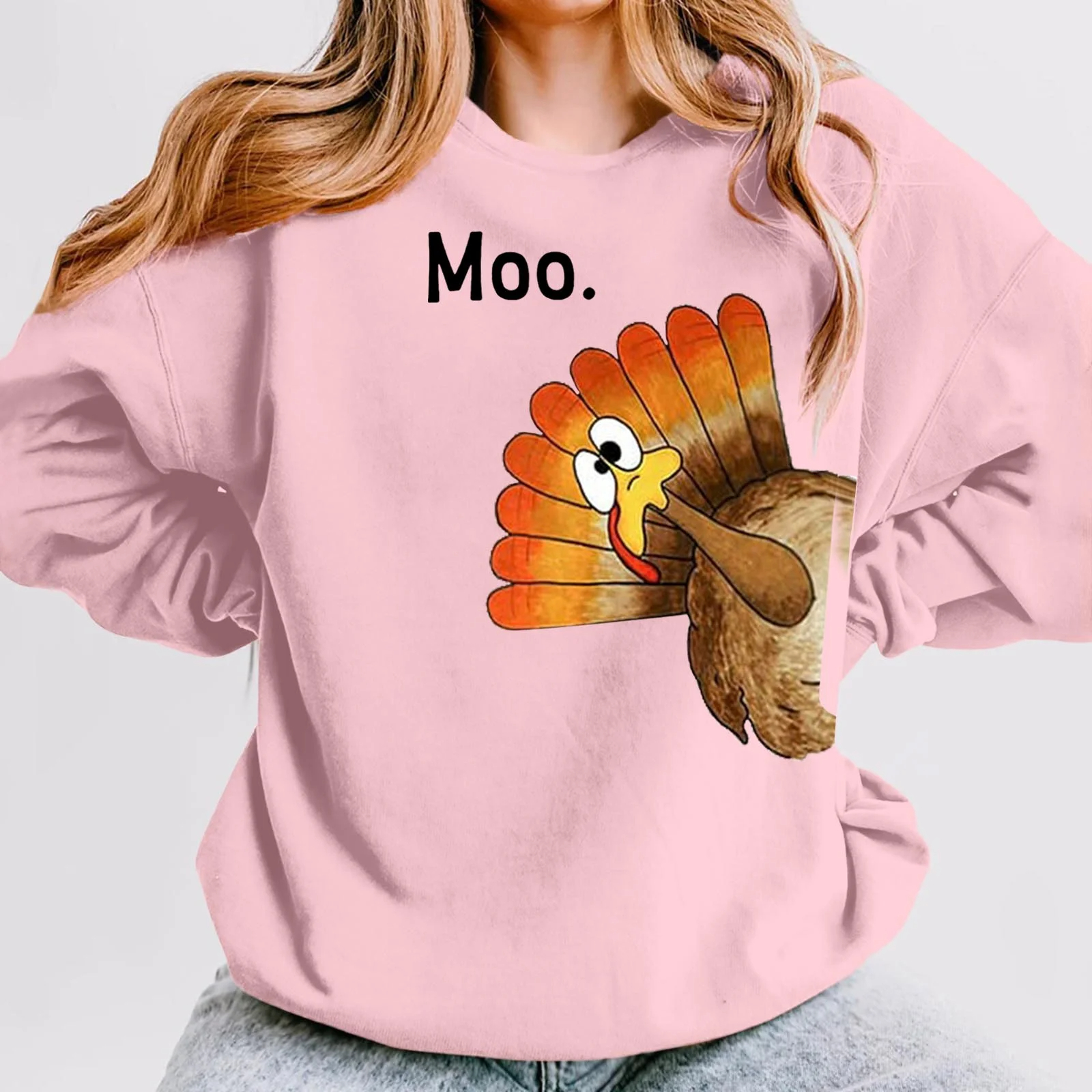  Womens Crweneck Sweatshirts Thanksgiving Funny Moo Turkey Print Pullover 