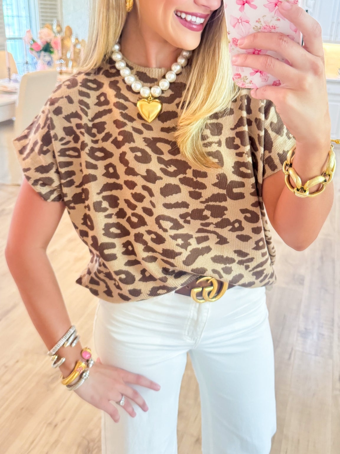 Leopard Print Short Sleeve Knit Top