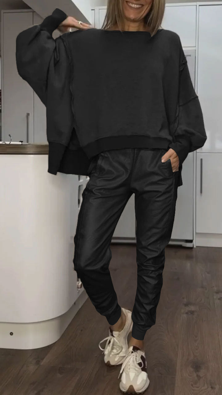 Round Neck Slit Top And Leather Pants Set