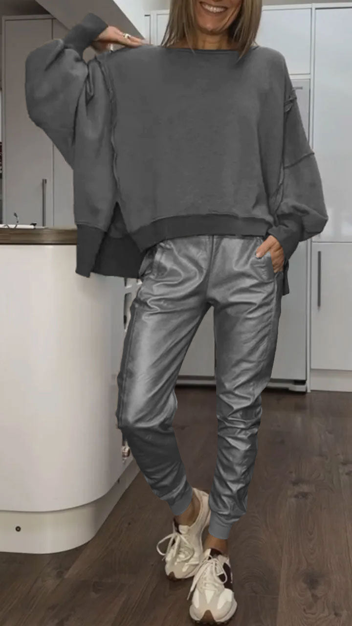 Round Neck Slit Top And Leather Pants Set
