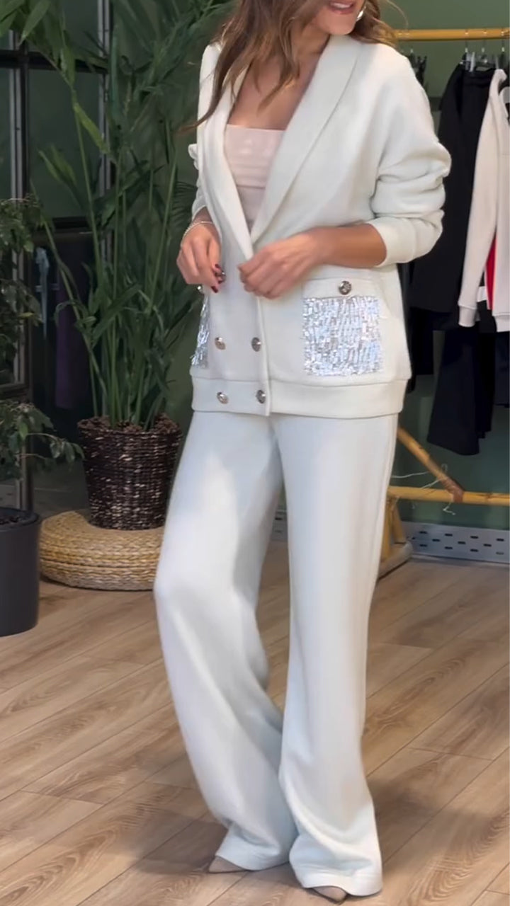 Lapel Double-Breasted Button Cardigan And Trousers Suit