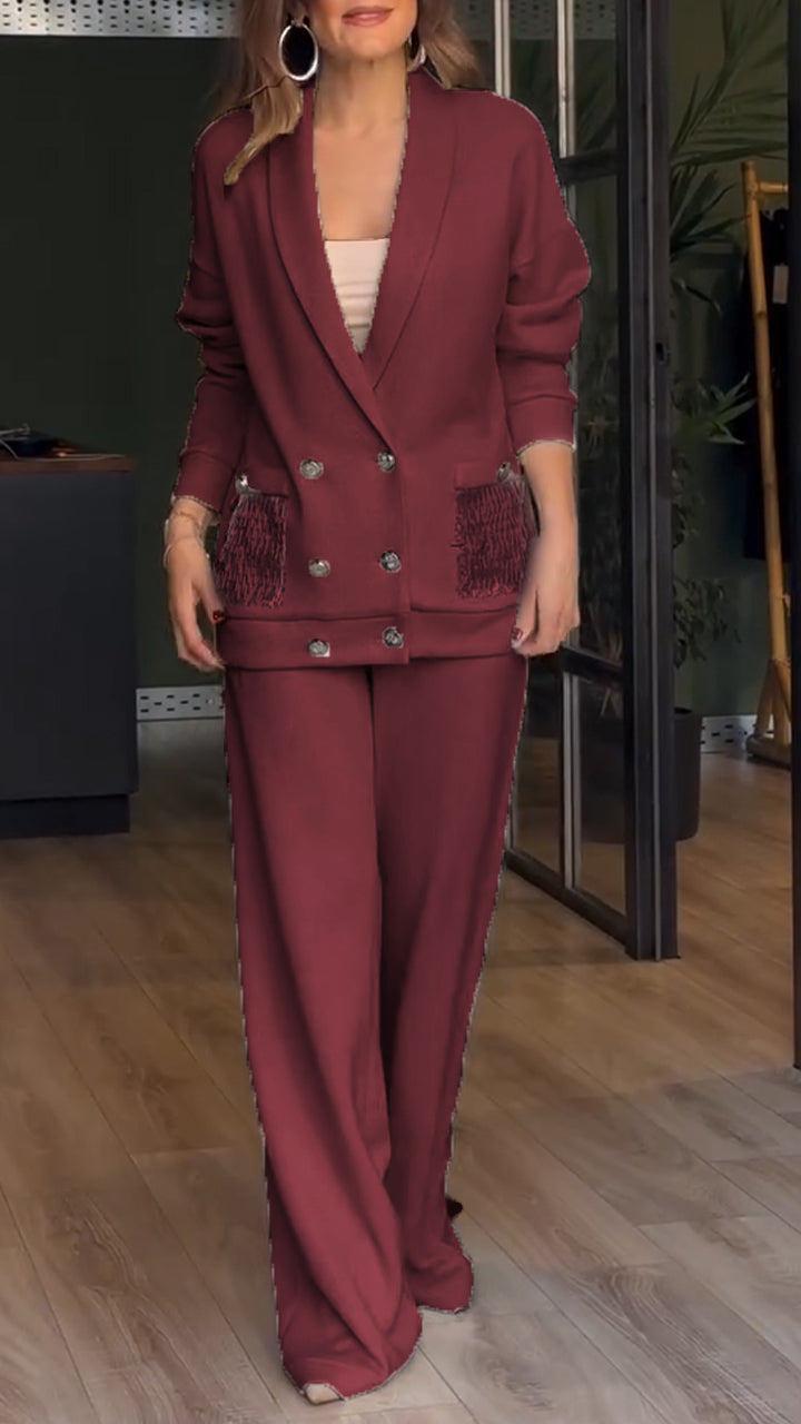Lapel Double-Breasted Button Cardigan And Trousers Suit