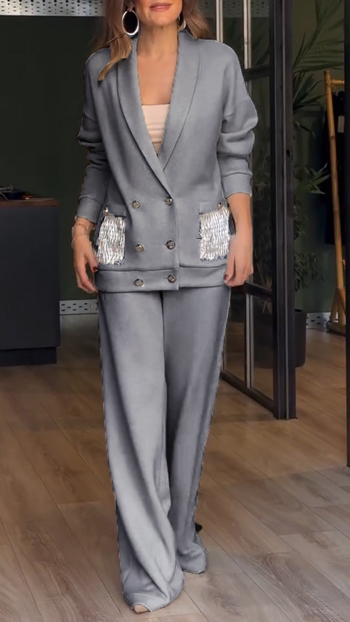 Lapel Double-Breasted Button Cardigan And Trousers Suit