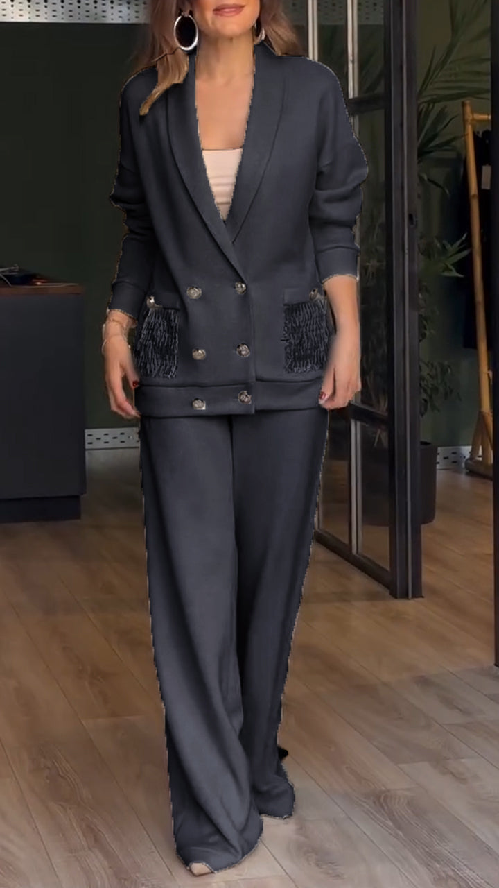 Lapel Double-Breasted Button Cardigan And Trousers Suit