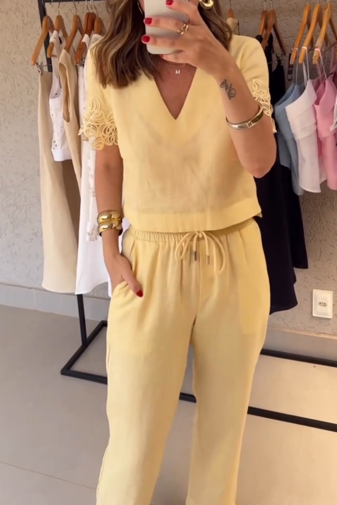 V-neck Short-sleeved Stitching Two-piece Suit