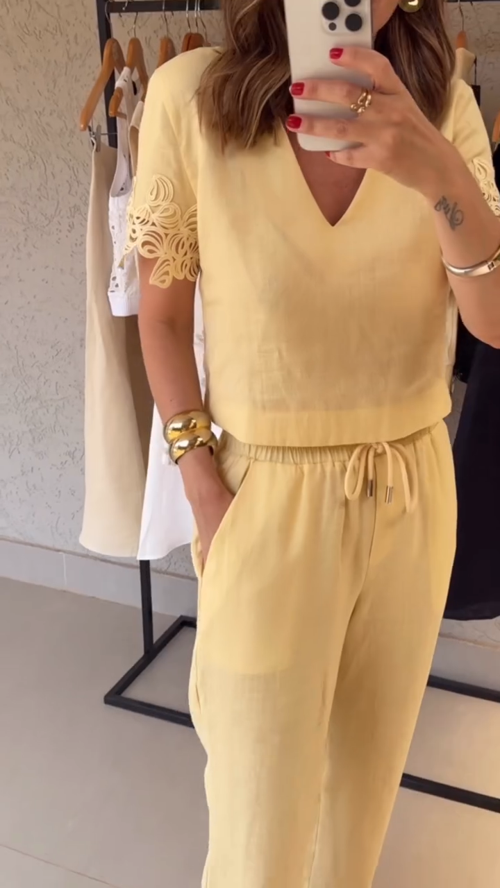 V-neck Short-sleeved Stitching Two-piece Suit