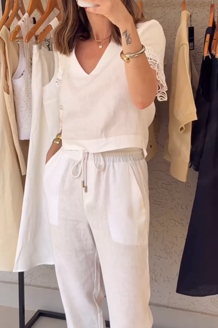 V-neck Short-sleeved Stitching Two-piece Suit