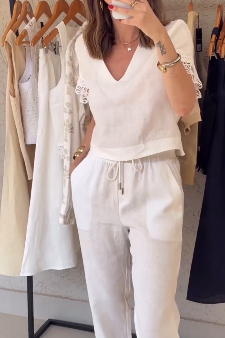 V-neck Short-sleeved Stitching Two-piece Suit