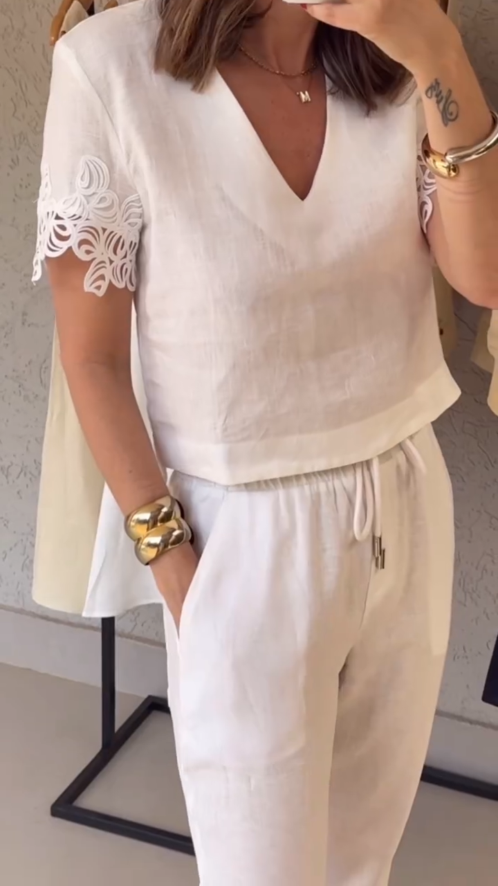 V-neck Short-sleeved Stitching Two-piece Suit