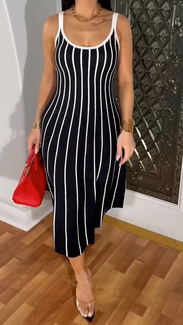 Round Neck Suspender Striped Dress